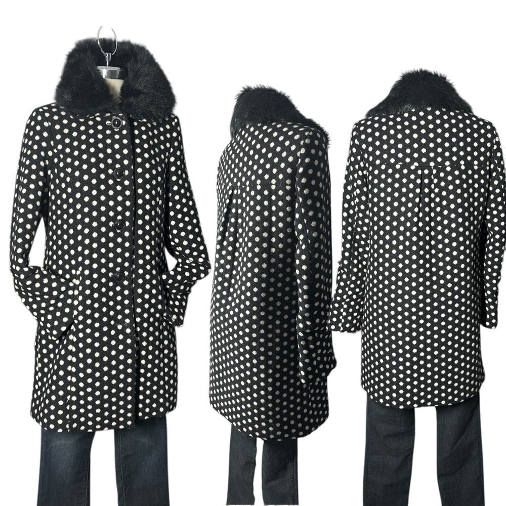 Merona Black and White wool Polka Dot Coat with Fur Collar Size M